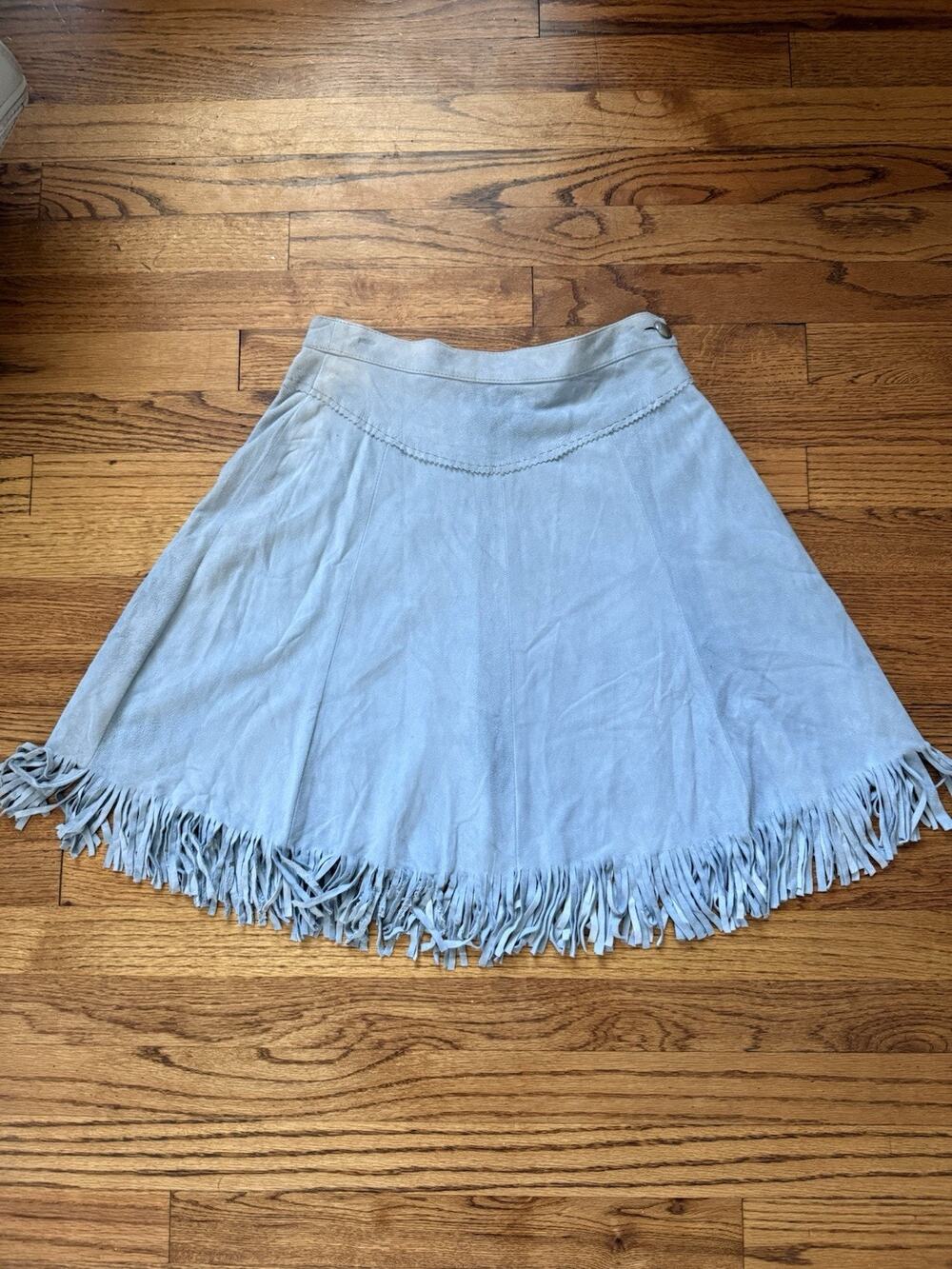 Rare Vintage Ralph Lauren Country Light Blue Suede Fringe Midi Skirt Size 8